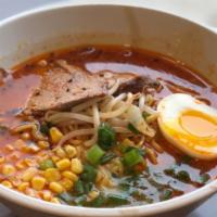 Spicy Miso · Reddish brown, thick, nutty, slightly sweet and spicy miso based broth. Chashu, soft boiled ...