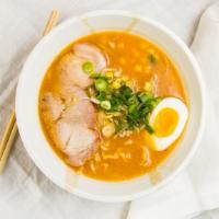 Miso · Light brown, thick, slightly sweet and healthy miso based broth. Chashu soft boiled egg, gre...