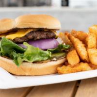 Evolve Burger · Pickles, lettuce, tomato, red onion, Evolve sauce and American cheese.