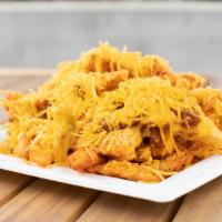 Large Chili Cheese Fries · A half pound of our seasoned crinkle cut fries, cheese sauce, shredded cheese and smothered ...