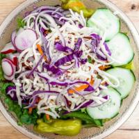 Italian Salad · Romaine, Red Cabbage, Carrot & Pepperoncini, Provolone, Red Onion, Cucumber & Radish