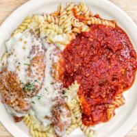 Chicken Parmesan · 8 oz breaded boneless breast, baked with Mozzarella & served over Rotini w/ Marinara