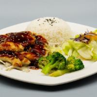 Chicken Teriyaki · Seared chicken, teriyaki sauce, rice, and miso soup.