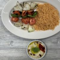 Veggies Shish Kabob ( No Meat) /  خضرة مشوية- Platter · Grilled fresh seasonal vegetables (tomatoes, green pepper & onions) served with hummus. Come...