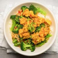 Sesame Chicken Bowl · lightly-breaded chicken tossed in a savory sesame 
sauce, seared asparagus and broccoli, gar...