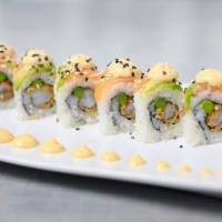 Crunchy Shrimp Roll · shrimp tempura, sliced avocado, seared asparagus, topped with tempura flakes, finished with ...