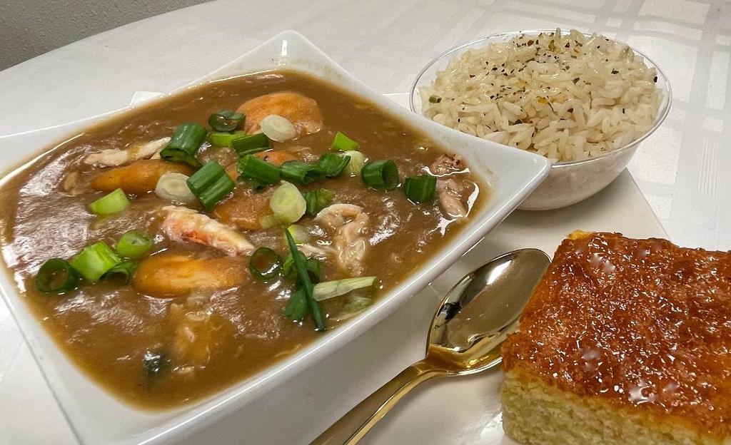 Dive Seafood Gumbo* · Dive seafood gumbo, loaded with succulents shrimp & jumbo lump crab meat in a Louisiana style roux. GF