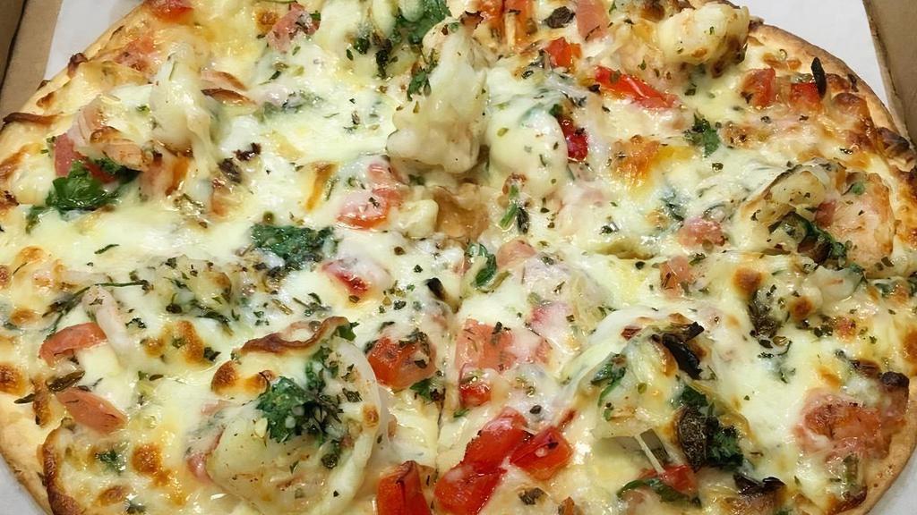 Cilantro Shrimp Flatbread · Succulent shrimp, fresh cilantro, diced red bell peppers, mozzarella/provolone cheese, herbs and spices