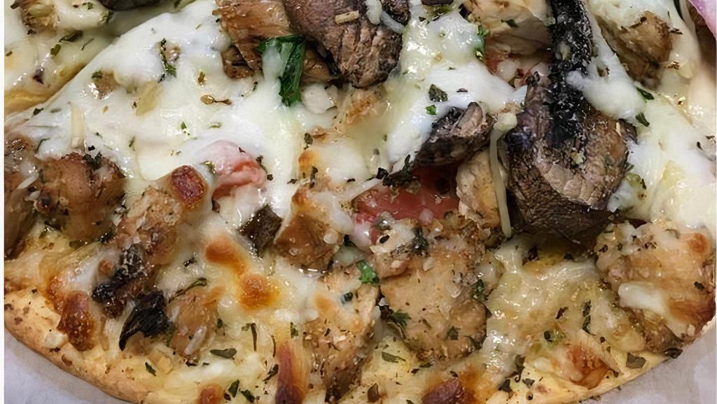 Spinach & Mushroom Flatbread · Fresh spinach, Portabella mushrooms, red onions, herb tomatoes, mozzarella/provolone cheese, herbs and spices