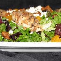 Michigan Salad (Small) · Mixed greens, grilled chicken, dry cherries, oranges, feta cheese, walnuts with raspberry vi...