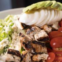Cobb Salad · Hard boiled egg, avocado, tomatoes, grilled chicken, green onions, bacon, bleu cheese crumbl...