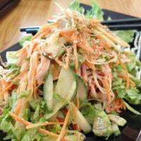 Kani Salad · Cooked, spicy level 1. Crab stick, organic mixed greens, English cucumber, organic avocado, ...