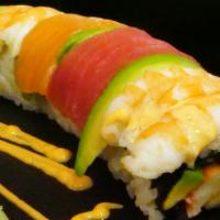 Special Rainbow Roll · Spicy level 1, local favorite. Crab stick, English cucumber, organic avocado, topped with sl...