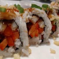Orange Chicken Roll · Cooked. Chicken katsu, red pepper, orange chicken sauce, topped with sesame seeds, green oni...