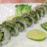 Green Garden Roll · Vegan, gluten free. Leafy greens, organic avocado, English cucumber, asparagus, topped with ...