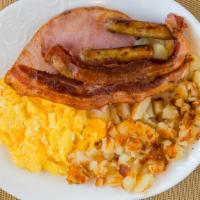 Rex'S Choice · Two farm fresh eggs, two strips of bacon, two grilled links, a slice of fresh baked ham, has...