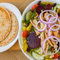 Greek Salad With Chicken · Pepperoncini, feta cheese, Kalamata olives, red onion, cucumbers, tomatoes, and beets with D...