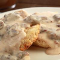 Full Biscuits & Gravy · Two Fresh-baked biscuits smothered in creamy country style gravy.  Sorry, no eggs, hash brow...