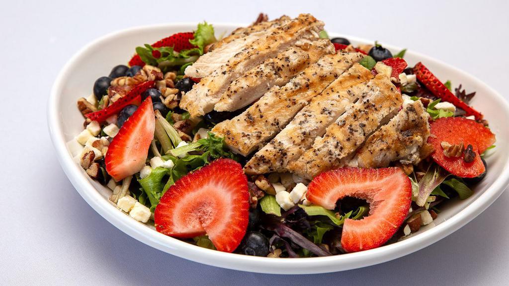 Blueberry Salad · Pecans top off a seasoned, grilled chicken breast, spring greens, blueberries, strawberries, green onions, and feta cheese crumbles -- all dressed in a sweet blueberry honey vinaigrette.