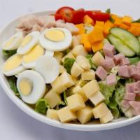 Chef Salad  · Ham, Turkey, Swiss and Cheddar cheese, cherry tomatoes, hard boiled egg, garlic herb crouton...