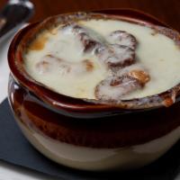 Bistro French Onion · Sweet onions in a savory broth of sherry wine vinegar gastrique - topped with melted provolo...