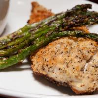 Parmesan Walleye · 8-10 ounce parmesan crusted walleye fillet, pan seared golden, accompanied with char-grilled...