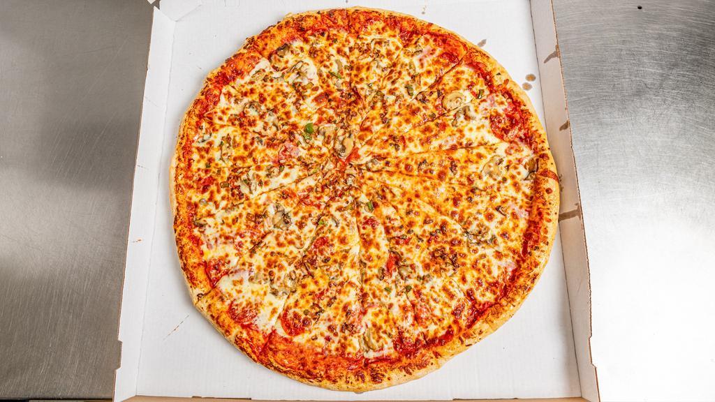 Cheese Pizza +2 Item (24 Inches Round - 16 Slices) · Choose 12 inches - 24 inches Round, deep dish or gluten free!