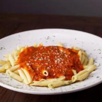 Mostaccioli Pasta · Served with marinara or meat sauce, garlic bread and grated cheese.