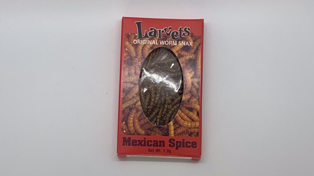 Larvets Mexican Spice · Real larva, deliciously seasoned. Offered in three flavors: BBQ, Cheddar Cheese, or Mexican Spice