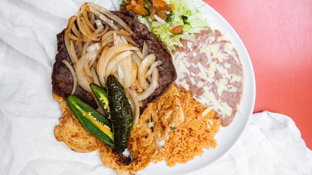 House Especial · Authentic carne asada (steak) and grilled chicken with fried onions. Served with rice, refried beans, salad, tortillas (your choice of corn or flour), and a fried jalapeño. Beverage is included.