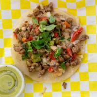 Tacos Especial · Taco alambre (steak, ham, onion, cheese, bell peppers), cooked onion, cilantro, onion.