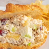 Chicken Salad, Sandwich · White chicken, grapes, pecans, pineapple, apples served on a croissant.