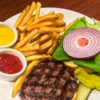 Hamburger Alla Palazzo · Ground chuck half pound burger, char-grilled with lettuce, tomato and onion served on a clas...
