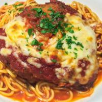 Chicken Parmesan Lunch · Breaded chicken breast baked with three cheeses and pomodoro sauce. Served on a bed of spagh...