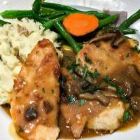 Chicken Marsala Lunch · Sautéed chicken breast and wild mushroom marsala sauce served with mashed potatoes and veget...