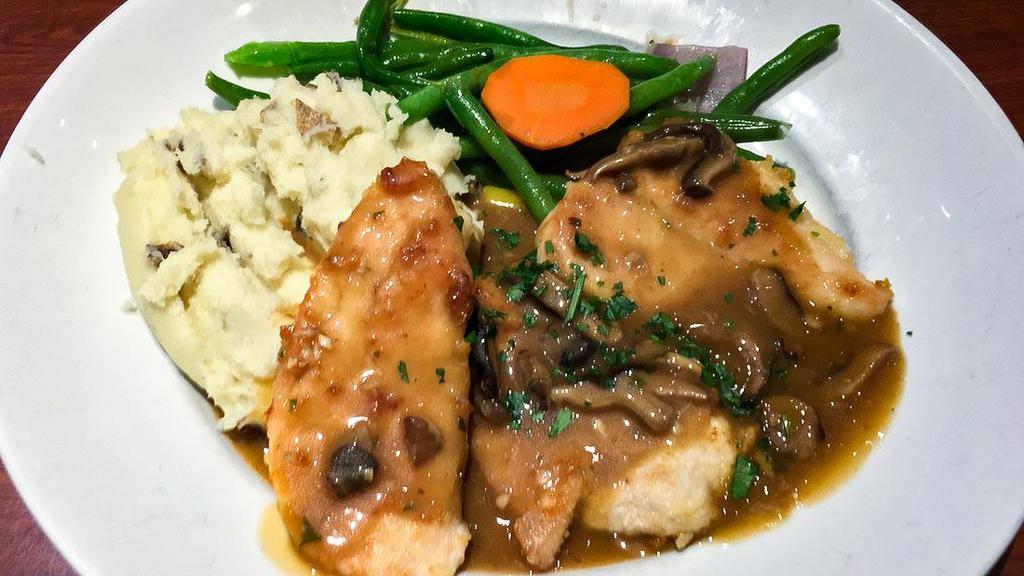 Chicken Marsala Lunch · Sautéed chicken breast and wild mushroom marsala sauce served with mashed potatoes and vegetable du jour.