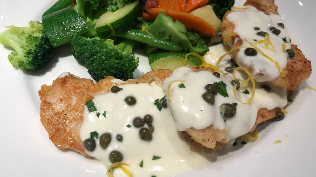 Chicken Piccata Lunch · Sautéed chicken breast topped with lemon-butter sauce with mashed potatoes and vegetable du jour.