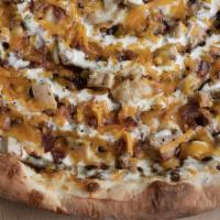 Bbqchickenbaconcheddarranch · A fan favorite! Grilled chicken and mozzarella on a house BBQ sauce base, topped with chedda...