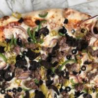 The Diana Ross · Our house sausage blend, bell peppers, red onions, mushrooms, black olives, and pepperoncini...