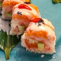 King Of Salmon · Hot. Smoked salmon, fresh salmon, avocado, cucumber inside, top with spicy salmon and black ...
