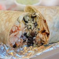 Grande Chicken · Wrapped in a large flour tortilla, rice, black beans, seasoned grilled chicken, sour cream, ...