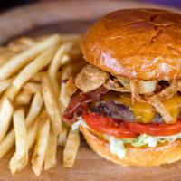 The Moose Is Loose Burger · Wisconsin aged cheddar, Applewood smoked bacon, onion straws, shredded lettuce, sliced tomat...