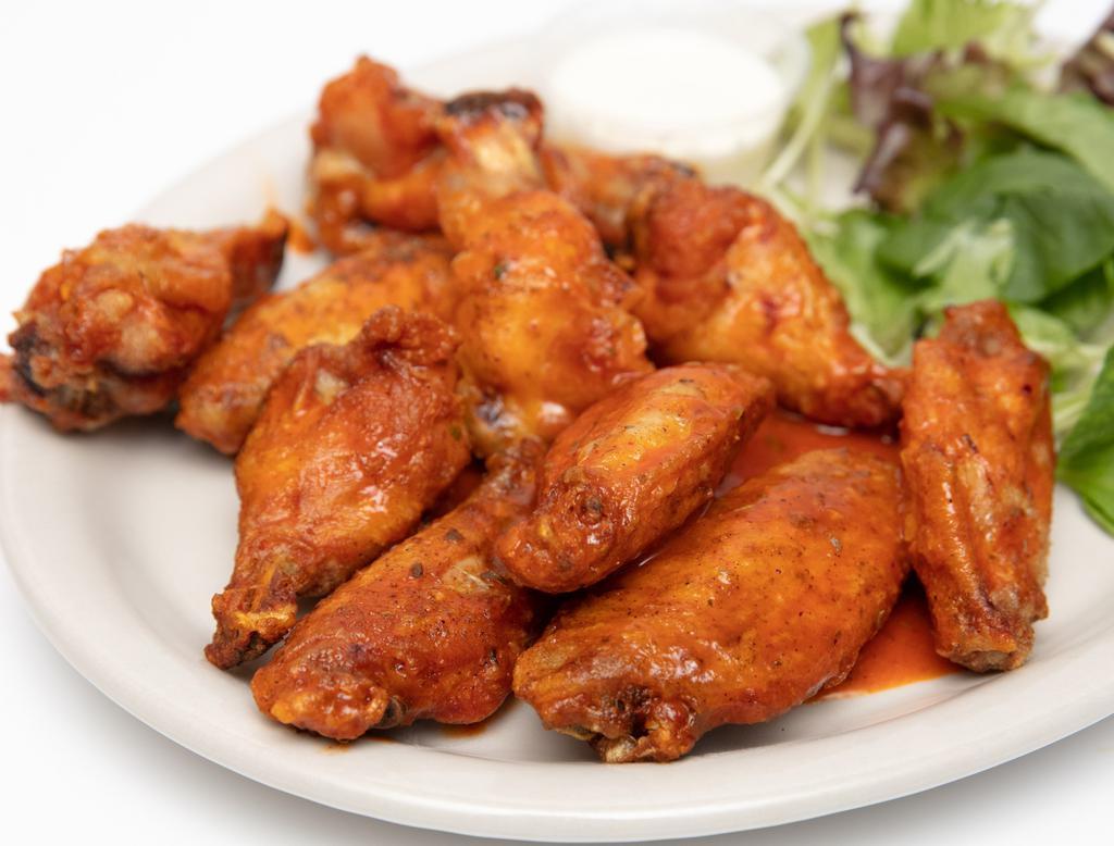 House Wings · Smoked in house then fried to crispy perfection. tossed in any of our wing sauces or dry rubs and served with your choice of parmesan peppercorn ranch or blue cheese dressing. make it a platter add fries or tots and coleslaw for an additional charge.