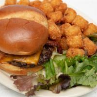 Bacon Cheddar Burger · Half pound burger topped with crispy bacon and cheddar cheese.

Consuming raw or undercooked...