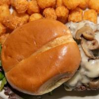 Shroom Swiss Burger · Half pound burger smothered in fresh sautéed mushrooms and melted Swiss cheese.

Consuming r...
