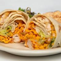 Buffalo Chicken Wrap · Hand breaded chicken tenders, cheddar cheese, and romaine lettuce tossed with our house buff...