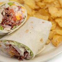 Classic Club Wrap · Fresh smoked bacon, ham, turkey, lettuce, tomatoes, American cheese and mayo.