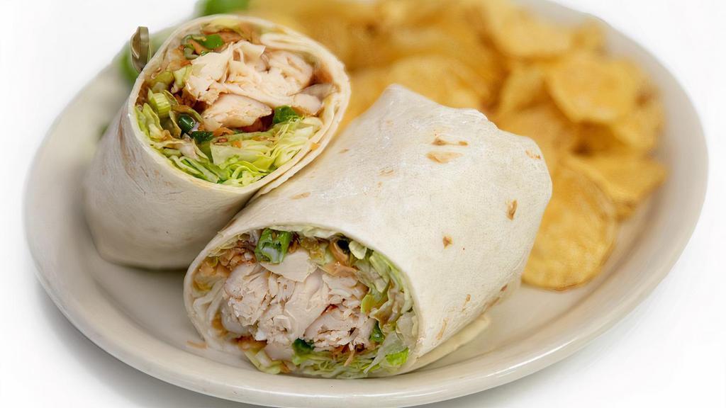 Asian Sesame Chicken Wrap · Cold Smoked chicken, lettuce, wonton strips and green onions, tossed in Sesame dressing.