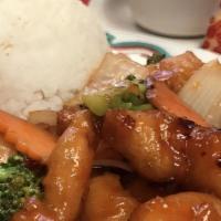 Empress Chicken Lunch Special · Spicy. Served with soup, rice and a choice of one egg roll and one crab rangoon. Spicy.