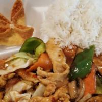 Hunan Chicken Lunch Special · Spicy. Served with soup, rice and a choice of one egg roll and one crab rangoon. Spicy.